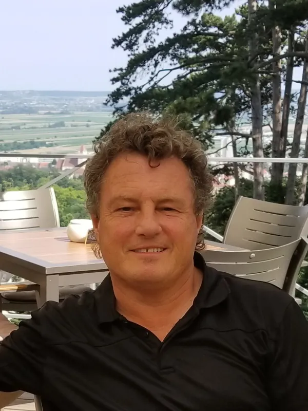 Dr. Joyce at an outdoor café in Eisenstadt, Austria